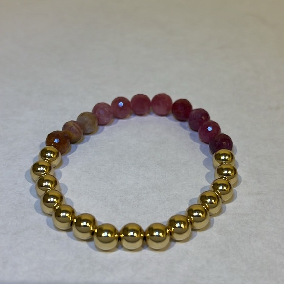 Natural Ruby and 14k Gold Filled Gemstone Halfsie Handmade Stretch Bracelet - Picture 2 of 12